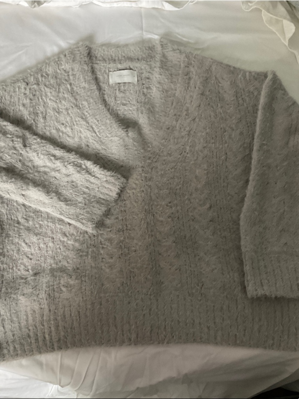 Lucky Brand Light Gray Fuzzy Knit V-neck Sweater